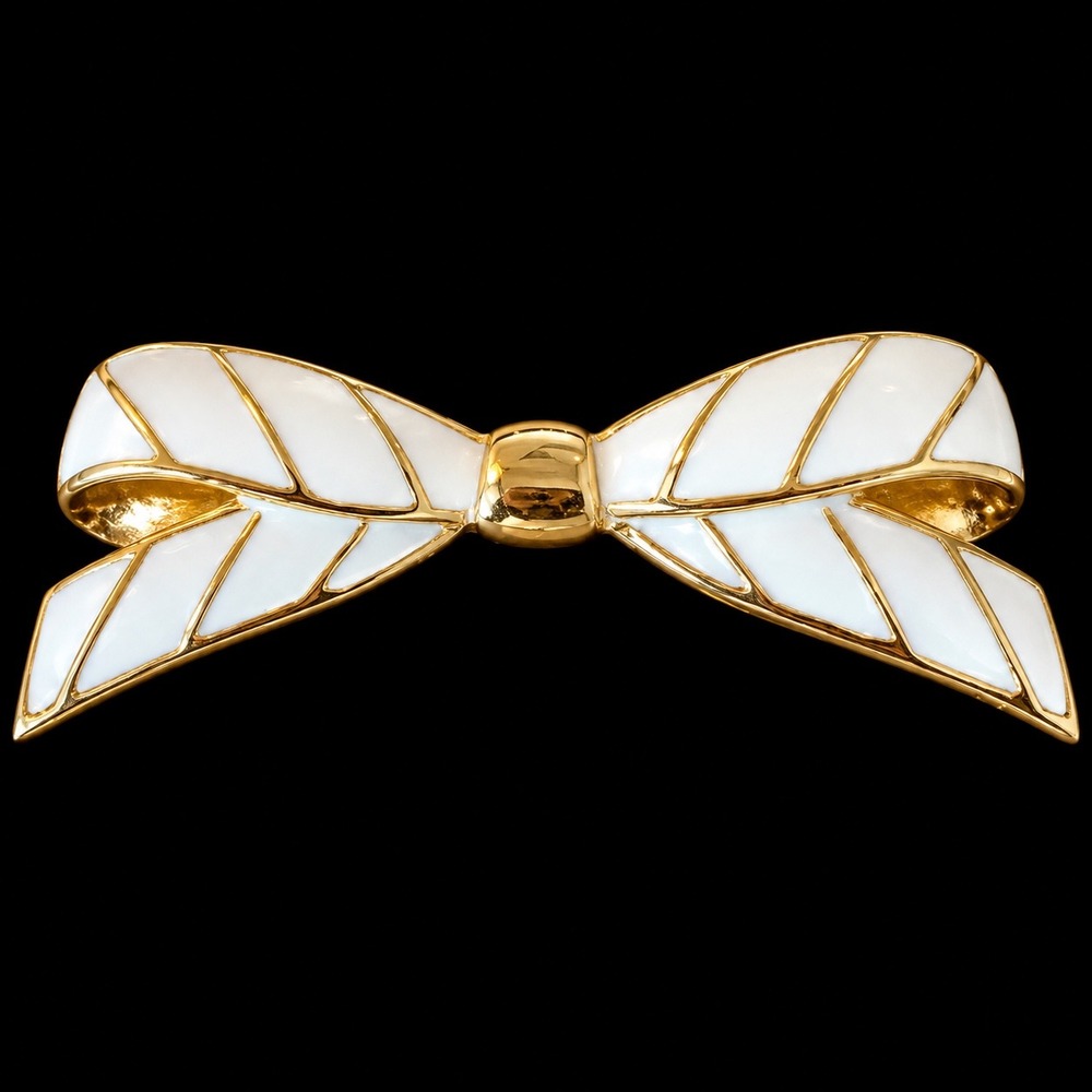 Monet Brooch Vintage Gold Tone White Enamel Bow Ribbon Signed Classic Pin